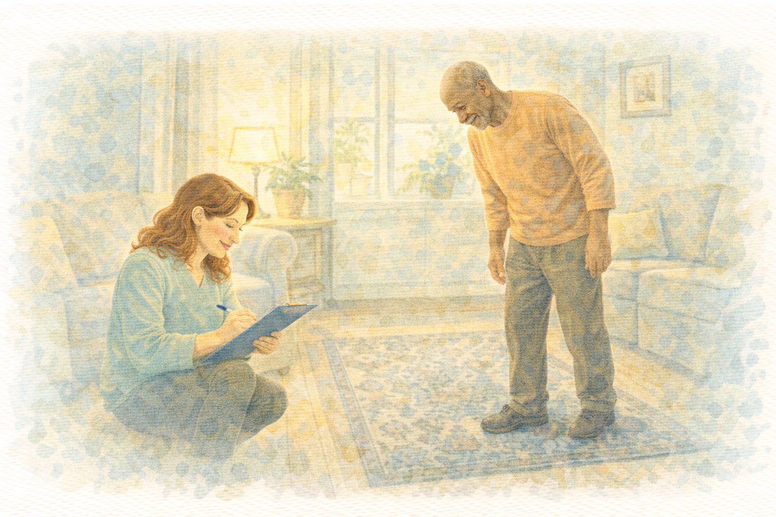 OT assessing home environment for falls prevention risks